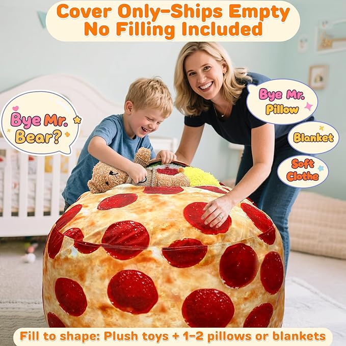 Lukeight Pizza Stuffed Animals Storage Bean Bag Chair Cover Only (Ships Empty, No Filling) - Velvet YKK Zipper Beanbag Cover for Toddlers and Kids, Washable Plush Toy Organizer, Large 27" D x 16" H