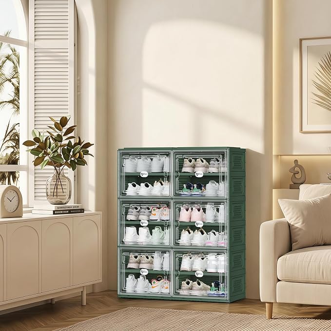 Foldable Shoe Cabinet with Magnetic Clear Doors, Wide Design Shoe Rack for Entryway, Portable Shoe Organizer Meeting Diverse Storage Needs (Green, 2Row 6Tier)