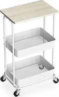 Simple Houseware 2-Tier Rolling Utility Cart Wood Top/Lockable Wheel, Maple | Metal Storage Organizer Trolley for Kitchen, Bathroom, Office, Craft Room