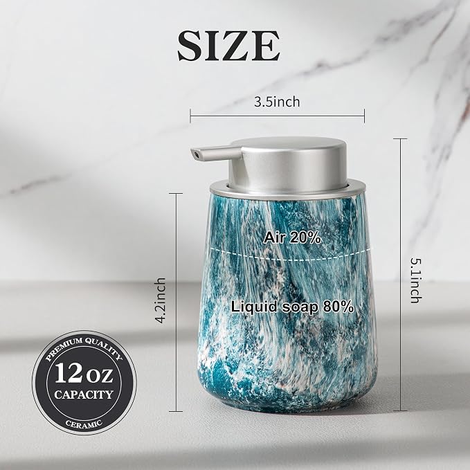 Enra Ceramic Foam Soap Dispenser, 12 oz Blue Foaming Soap Dispenser for Bathroom & Kitchen with Easy-to-Press Silver Pump（Blue Foam Type）