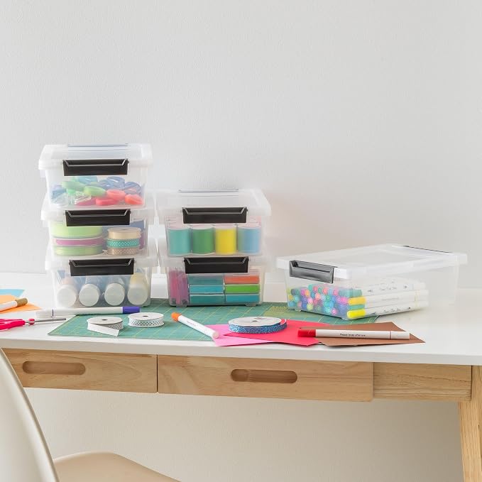 IRIS USA 2 Qt. Craft Storage Bins with Lids, 6-Pack, |Made in USA|, Clip Box, Small Plastic Sensory Bin Tote Organizer Containers for Art Supplies, Paper, & Office, Stackable - Clear/Black