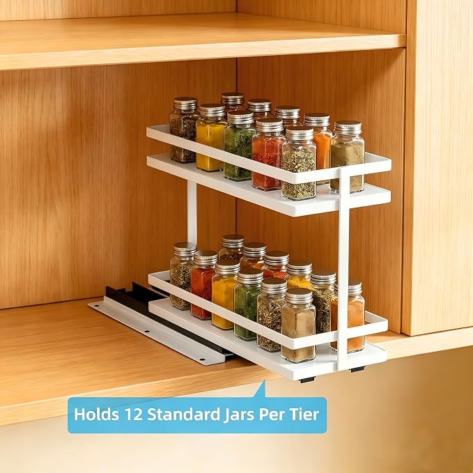 Pull Out Spice Rack 4Pcs Metal & Wood Seasoning Organizer White | No-Drill Install | Full-Extension Silent Glide | Each Tier Holds 10–12 Standard Spice Bottles | Rustproof, Wipe-Clean Surface
