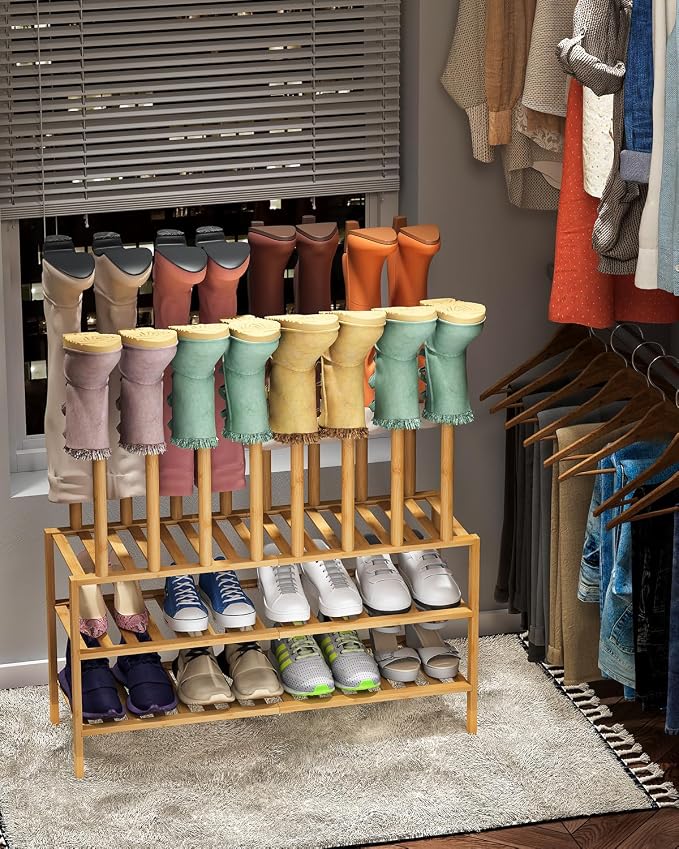viewcare Boot Rack with Shoe Rack, Long Boot Rack Organizer Tall Boots for Closet, Bamboo Wood Shoe Shelf Storage Organizer for Entryway Small Space
