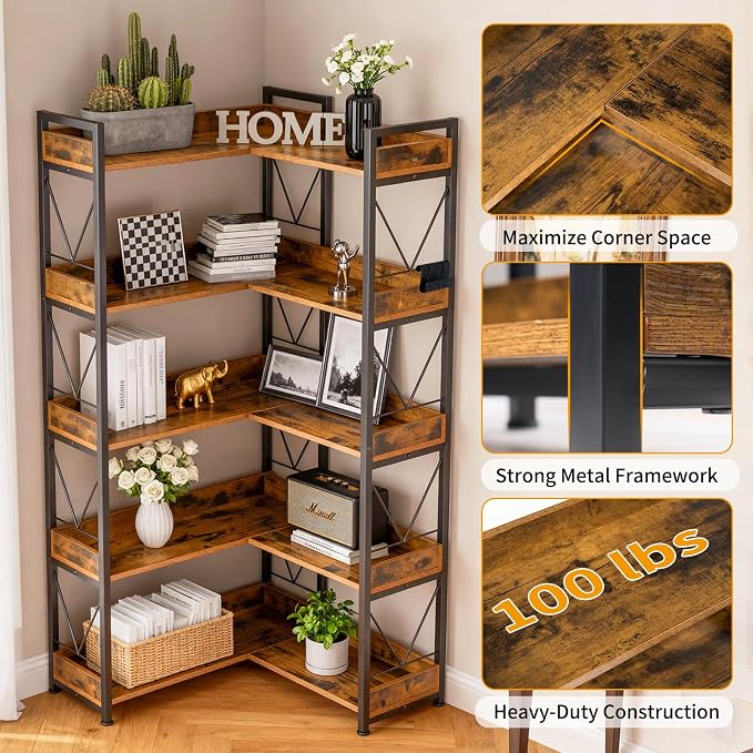 DUMOS 65 inch L Shaped Bookshelf, 5 Tier Corner Bookcase with Hooks and Edge, Industrial Pantry Shelves with Metal Frame, Wooden Open Storage for Living Room, Home Office, Bedroom, Rustic Brown | Industrial Pantry Shelves with Metal Frame, Wooden Open ...