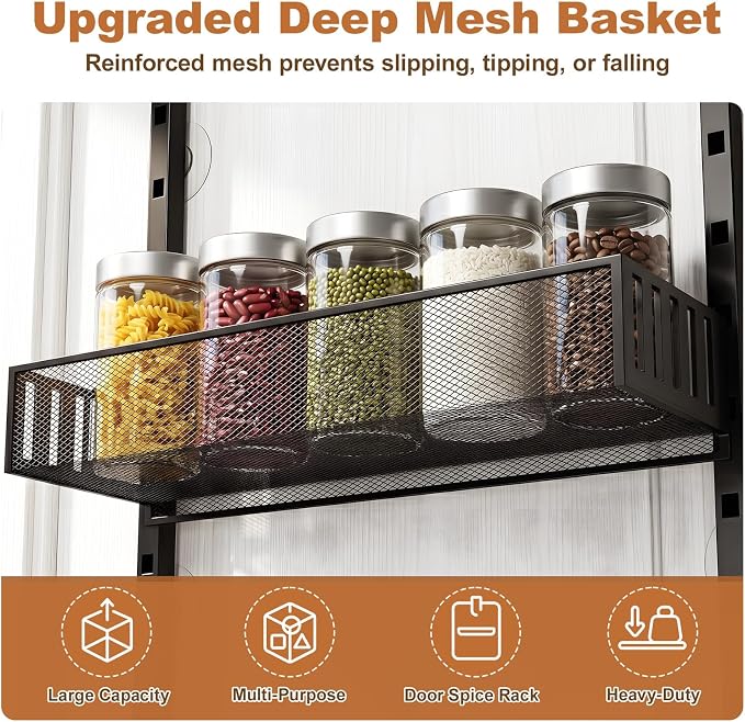 Over the Door Pantry Organizer, 2-in-1 Wall Mount or Hanging Spice Rack, 8-Tier Pantry Door Storage Shelf with Adjustable Baskets, Anti-Swing Design for Kitchen, Bathroom, Laundry Room