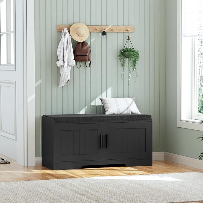Homleke 2-Tier Storage Bench, Shoe Bench with Thickened Padded Seat Cushion, Entryway Bench with 2 Doors, Adjustable Shelf, 13.8" D x 37.4" W x 18.5" H, for Entryway, Living Room, Bedroom, Black