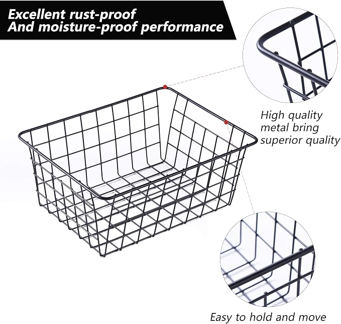 Wire Baskets for Organizing 4 Pack Pantry Baskets For Storage 11x8.7x4.7in | Wire Baskets for Kitchen Refrigerator Freezer Cabinet Shelf Garage,Metal Bin with Side Handles for Easy Pull (Black)