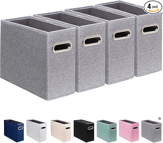 4 Pack Letter Size File Storage Box Collapsible, Fabric Hanging File Folders Organizer, Portable Office Document Holder with Metal Handle, Smooth PVC Rails, Gray