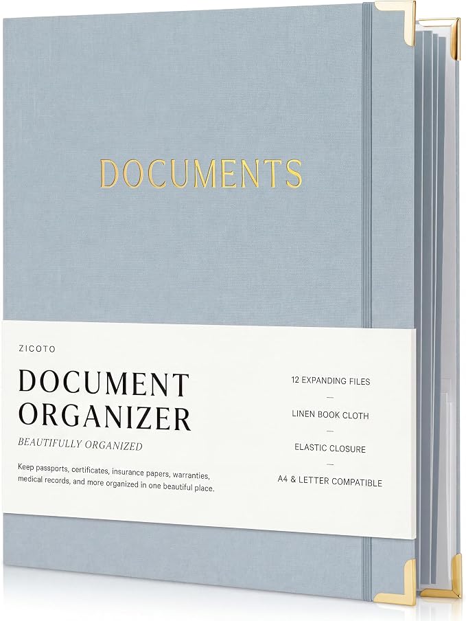 Important Document Organizer Set with Folders - Complete Linen Ring Binder Set Safely Stores All Documents & Files in One Place - Easy to Use Expanding Storage Incl. Envelopes, Pockets & Labels