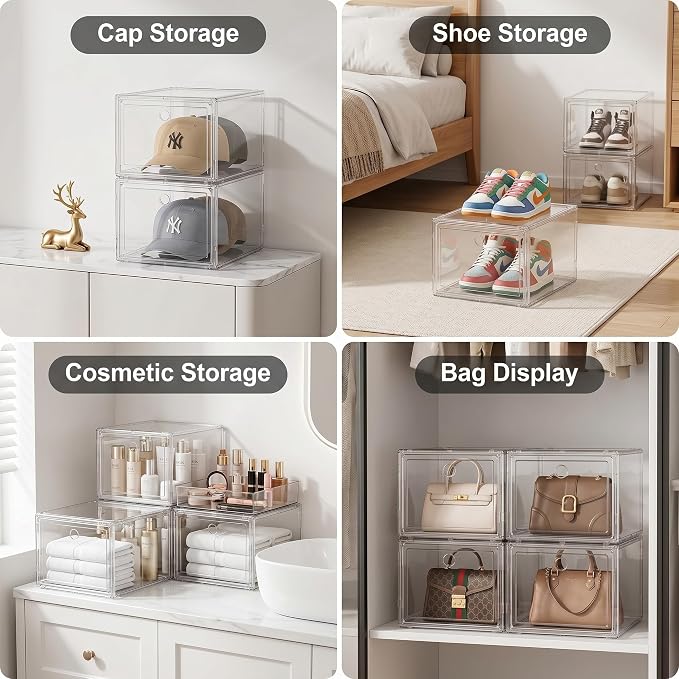 9-Ply Thick Clear Shoe Boxes 9 Pack, Heavy Duty Stackable Shoe Storage Bins with Magnetic Door, Foldable Plastic Shoe Containers for Sneaker Closet Organization