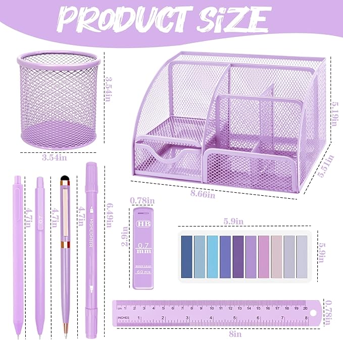 Purple Desk Accessories, 17Pcs Purple Office Supplies Set with Stapler, Mesh Desk Organizer, Tape Dispenser, Staple Remover, Pen Holder, Clips, Pens, Ruler, for Office Home School Women Students Gift