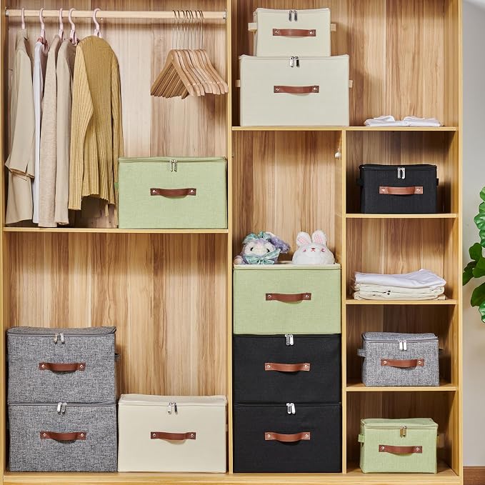 4 Pack Storage Bins with Zipper Lid Cotton Linen Fabric Lidded Storage Baskets Boxes Foldable Washable Closet Shelf Clothes Organizer Container with PU Leather Handles (Green, Large)