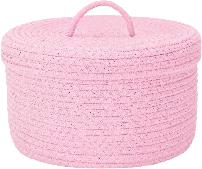 Sea Team Round Cotton Rope Storage Basket with Lid, Lidded Woven Storage Bin, Nursery Storage Container, Diaper Caddy, Baby Shower Basket, Box, Organizer, 11.8 x 11.8 x 6.7 Inches (Medium, Pink)