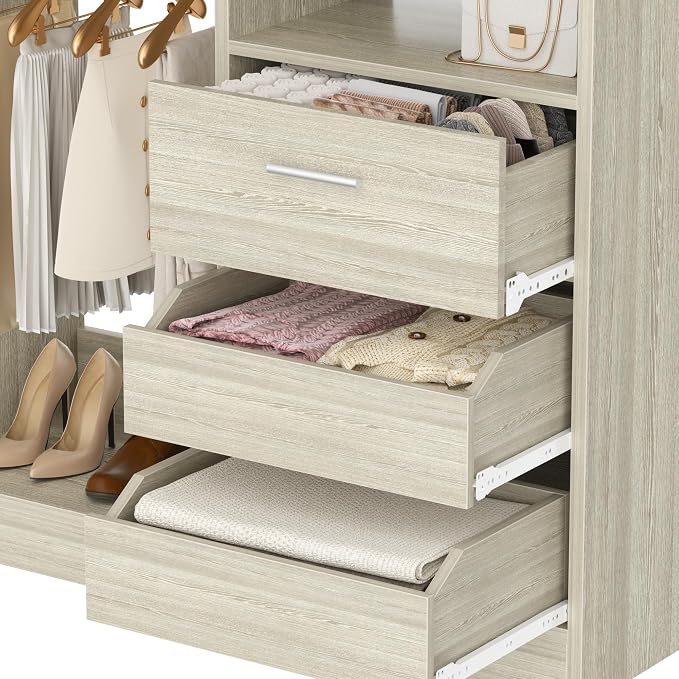 36 Inches Modular Closet Drawers System with Long Hanging Rods, 3FT Wood Closet Organiser with 3 Drawers, Walk-in Freestanding Wardrobe Storage Cabinet with 4 Shelves, White Oak (36"L x 15" W x 80" H)