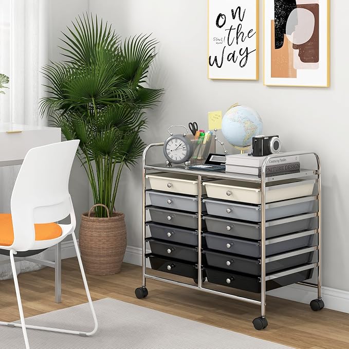 LDAILY 12 Drawer Rolling Storage Cart, Craft Cart Organizer on Wheels w/Metal Frame, Large Capacity & Smooth Drawer, Rolling Cart w/Drawers for Classroom, Office