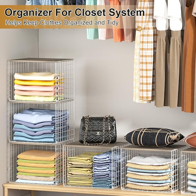 Closet Organizers And Storage Shelf, 3Pack Stackable Closet Storage Bin Basket For Clothes Sweaters With Top Board, Widened Opening, Heightened Height, Large Capacity Sturdy Clothing Storage Organizer