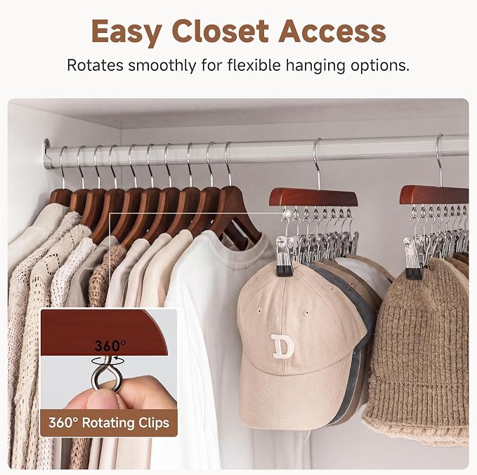 StorageWorks Hat Organizer 2 Pack, Cherrywood Cap Hanger Rack with 10 Clips