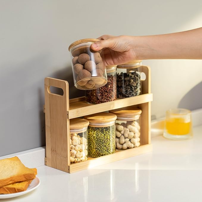 Basicwise Versatile 2-Tier Bamboo Spice Rack and Pantry Organizer with 6 Glass Jars – Perfect for Countertop Storage in Kitchens to Keep Seasoning Containers Neatly Displayed and Easily Accessible