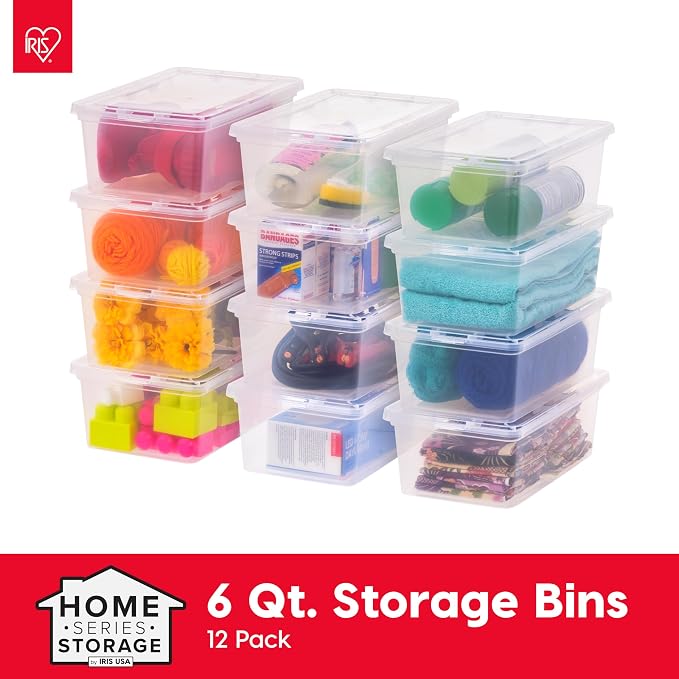 IRIS USA 12-Pack Plastic Storage Bins with Lids, 7 Quart Stackable Clear Organizing Containers, Durable BPA-Free Latching Boxes for Home, Office, Garage & Closet Organization, Medium Size, Clear