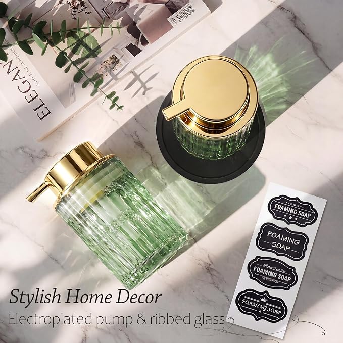 Foaming Hand Soap Dispenser, 8oz Refillable Sage Green Glass with Gold Pump, for Liquid Soap or Lotion, Vertical Ribbed Decor for Bathroom Vanity, Kitchen, Commercial Use - 1 Pack