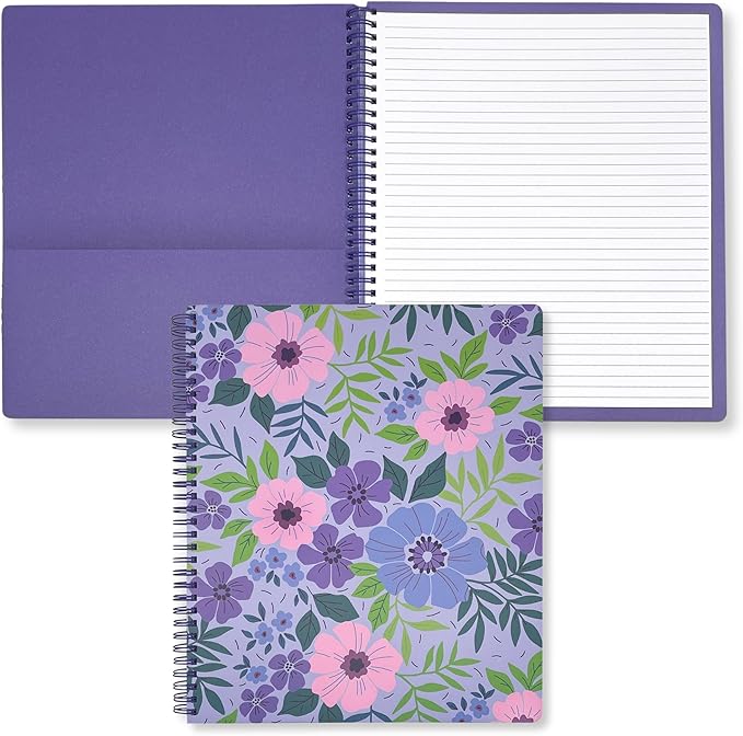 Steel Mill & Co Cute Large Spiral Notebook College Ruled, 11" x 9.5" with Durable Hardcover and 160 Lined Pages, Lilac Floral