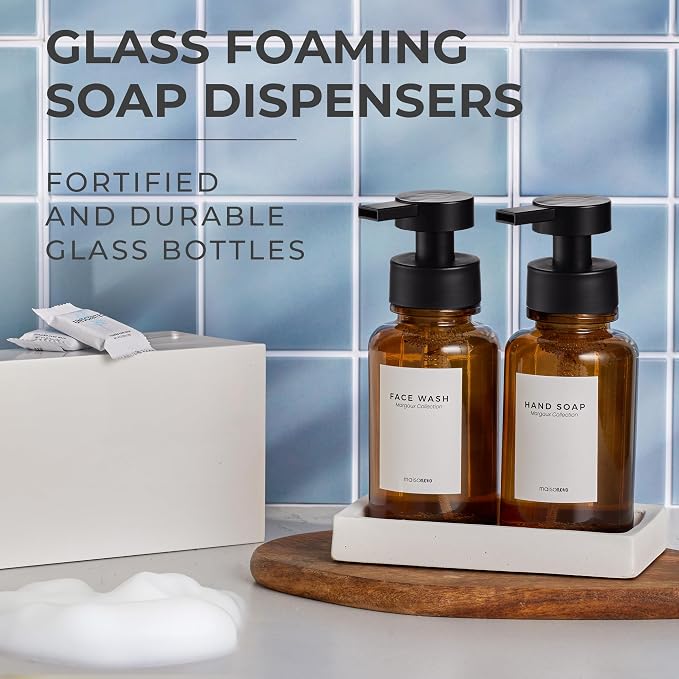 MaisoNovo Glass Foaming Soap Dispenser 14 Oz | Glass Bottles Pumps x 2 Amber with Tray