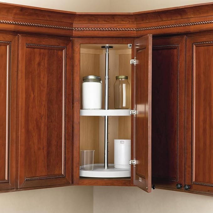Rev-A-Shelf 20" Dual Full Circle Lazy Susan Organizer for Upper Corner Kitchen Cabinets, Plastic Home Storage 2 Tier Shelves, White, 6012-20-11-52