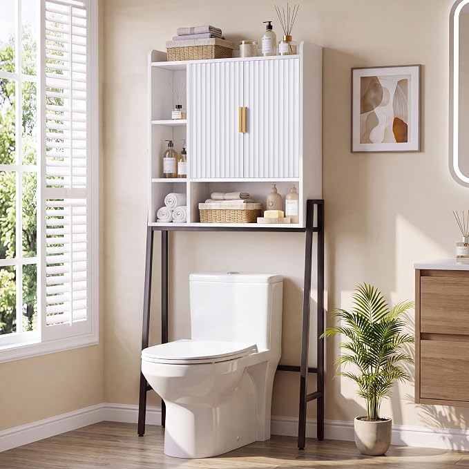 31" W Over The Toilet Storage Cabinet with Fluted Door,Bathroom Organizers and Storage with Adjustable Shelves, Mordern Over Toilet Organizer for Bathroom,Restroom,Laundry,White