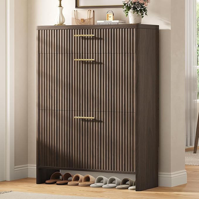 Fluted Shoe Storage Cabinet for Entryway, Narrow Wooden Shoe Cabinet with 2 Flip Drawers & Pull-Out Drawer, Modern Freestanding Slim Shoe Organizer Rack for Foyer/Hallway/Living Room, Walnut
