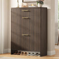 Fluted Shoe Storage Cabinet for Entryway, Narrow Wooden Shoe Cabinet with 2 Flip Drawers & Pull-Out Drawer, Modern Freestanding Slim Shoe Organizer Rack for Foyer/Hallway/Living Room, Walnut
