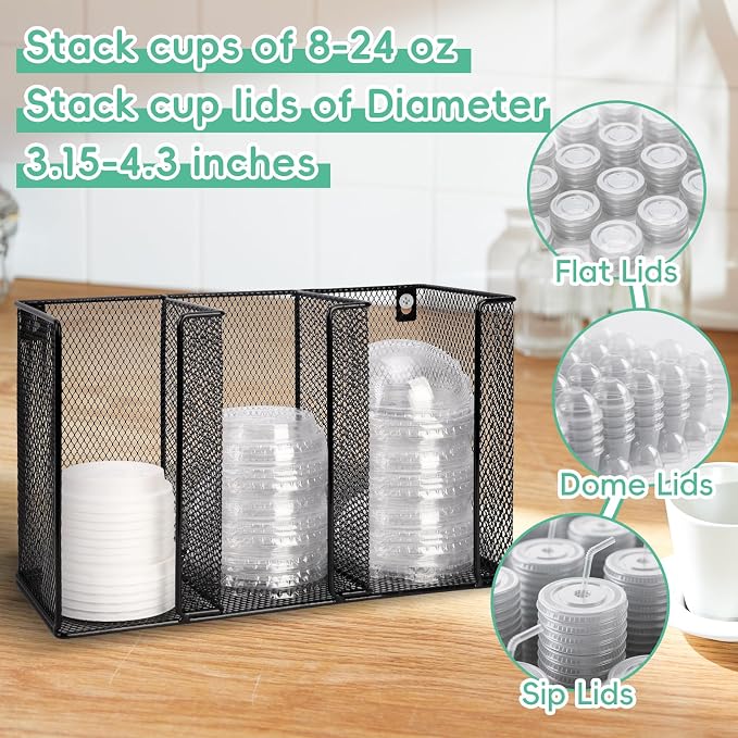 Wall Mount Coffee Cup Lid Holder Organizer 3 Compartments Coffee Cup Lid Dispenser Black Metal Mesh Disposable Cup and Lid Storage for 8-24 Oz Capacity Cup Lid Kitchen Restaurant Coffee Bar Office