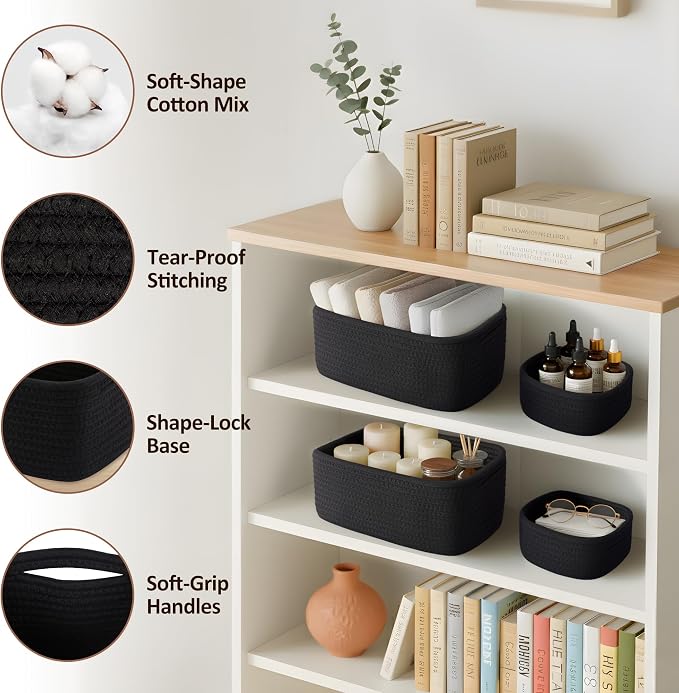 5-Pack Small Woven Rope Storage Baskets, 2 Sizes Organizer Bins | Fabric Cube Boxes and Rectangular Shallow Bins for Closet, Shelf, Bookshelf, Nursery, Changing Table, Bathroom, Toys & Home