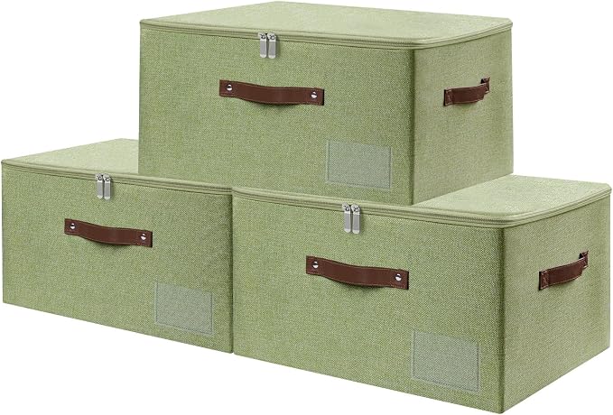 ANMINY Fabric Storage Box Bins with Zipper Lid, Washable Green, 3PCS | Cotton Linen Fabric, PP Board Frame, Label Holder, Stackable & Foldable, PU Handles, Dual-Zipper 3-Side Open Lid, Large