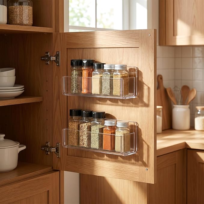 MAQUITA 4 Pack 9 Inch Acrylic Spice Rack Wall Mount, Clear Spice Shelf Storage Holder, Adhesive or Screw Hanging Wall Seasoning Rack Organizer for Cabinet Door, Cupboard, Kitchen