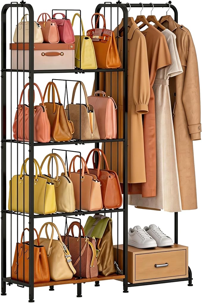Honkazita 4-Tier Purse Storage for Closet with Adjustable Feet & Dividers, High Capacity Closet Purse Organizer for Small Place Iron & Wood Handbag Storage - Purse Organizer for Closet & Narrow Spaces