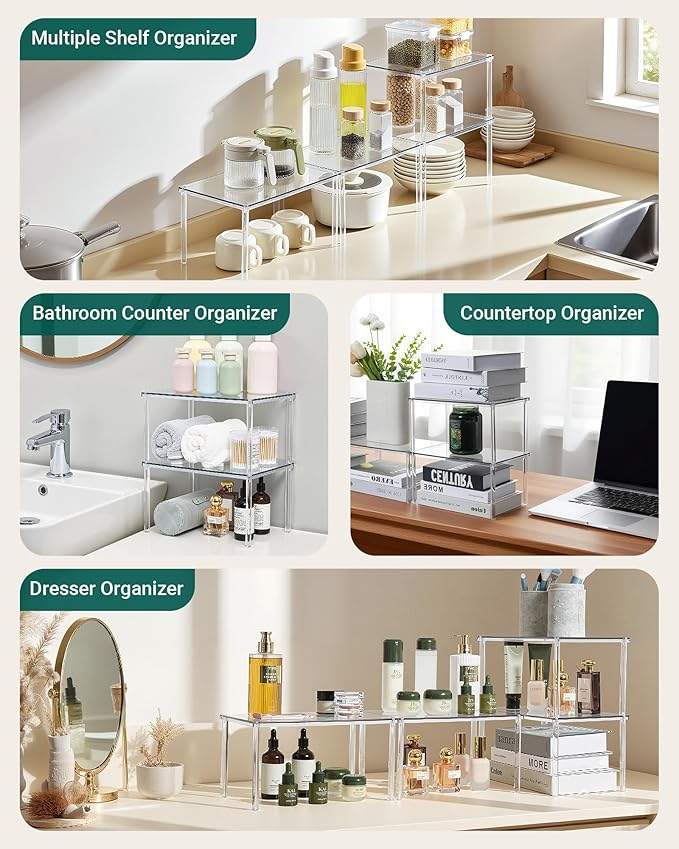 Bobomoment Acrylic Cabinet Organizer, Set of 4 Spice Rack Organizer for Cabinet, Desk Countertop Shelf Organizer, Pantry Kitchen Storage and Organization, Stackable Shelves House Essentials for Gift