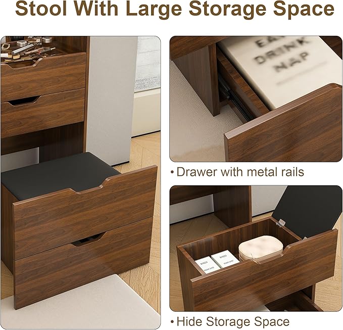 3 in 1 Vanity Desk with Mirror and Lights,23.6" Walnut Small Make Up Vanity Set with Visible Glass Desktop,Compact Makeup Vanity with 3 Drawers & Stool, Flip Top Makeup Dressing Table for Bedroom