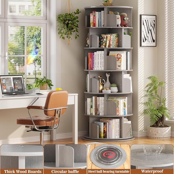 Aheaplus 6 Tier Rotating Bookshelf, Wood Spinning Bookshelf Tower, Round Revolving 360 Bookcase, Narrow Turning Book Shelf Rolling Corner Organizer for Small Space, Bedroom, Office, Grey