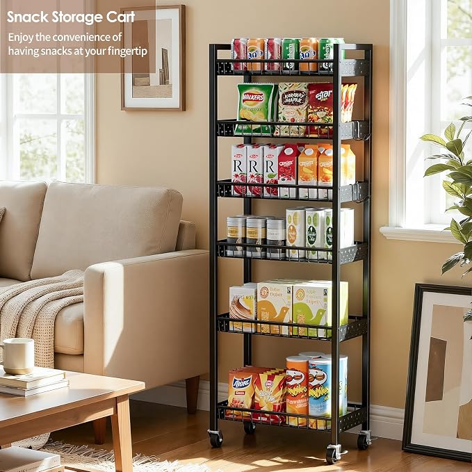 6 Tier Slim Storage Cart, Narrow Rolling Cart with Wheels, 10in(W) | Narrow Mobile Utility Shelf Unit Organizer for Kitchen, Bathroom, Laundry Room, Living Room, Small Places, Black