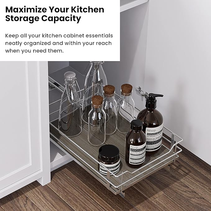 Home Zone Living Pull Out Kitchen Cabinet Organizer with Slide Out Drawer for Space Saving Storage, 14”W x 21”L, Satin Nickel Light Brown Wood Finish