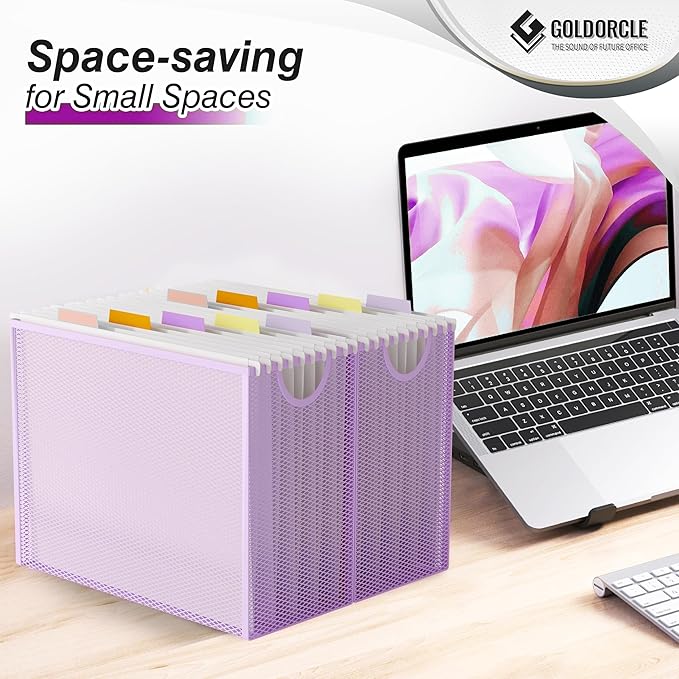 Hanging File Organizer, Letter-Size File Holder Filing Box with 5 Hanging Folders, Metal Mesh Desk File Folder Storage(No Assembly Required) (Purple, with 5 Grey Folders)