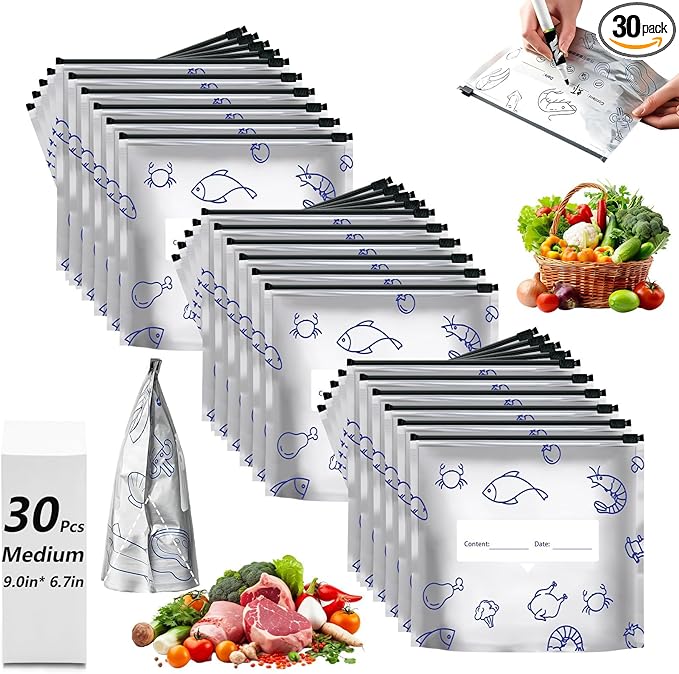 30 Pcs Reusable Mylar Bags for Food Storage, Waterproof Aluminum Foil Stand Up Pouches Freezer Containers for Beans Vegetables Rice Meat Long Term Preservation, BPA Free