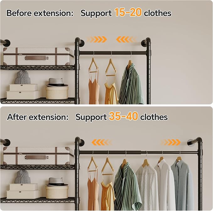 Higeego W5 Industrial Clothes Rack, Clothing Rack for Hanging Clothes, Heavy Duty Wall Mounted Closet System Black Expandable Garment Racks, Sturdy Steel Pipe Wardrobe Closet, 1300LBS Load 9' to 12'9"
