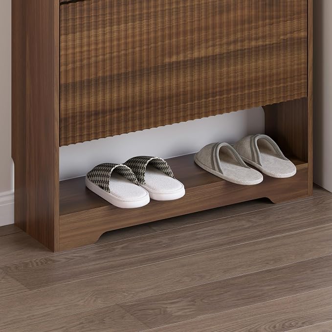 BORNOON Shoe Cabinet with 2 Flip Drawers, Fluted Shoe Storage Cabinet with Adjustable Shelves, Freestanding Rack and Organizer for Entryway, Closet, Hallway