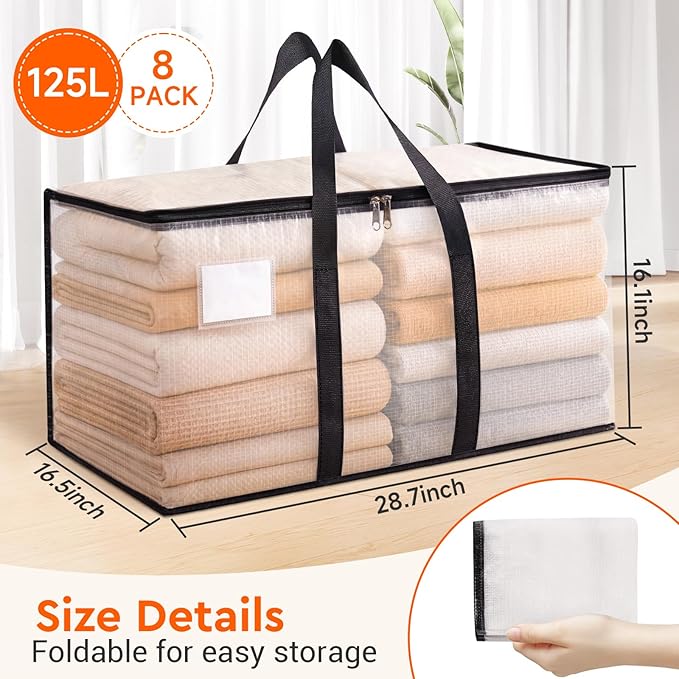 BlissTotes Moving Bags, 125L 8-Pack Storage Bags, Moving Box Heavy Duty Extra Large, Moving Totes with Zipper, Large Packing Bag with Reinforced Handles, Boxes for Packaging Moving
