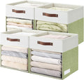 Bagnizer Storage Cubes, 4 Pack Linen Foldable Storage Bins with Clear Window and 2 Handles, 13x15x13 for Shelf Closet, Kallax, Clothes, Books - Green/Off-White