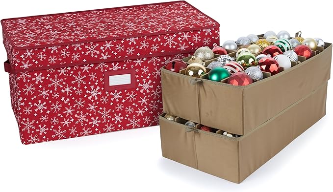 Covermates Keepsakes Adjustable Ornament Storage Box – Heavy-Duty Polyester, Padded Dividers & FlexGrid Trays – Protective Holiday Organizer with Stackable Walls & Label Window, Red Snowflake