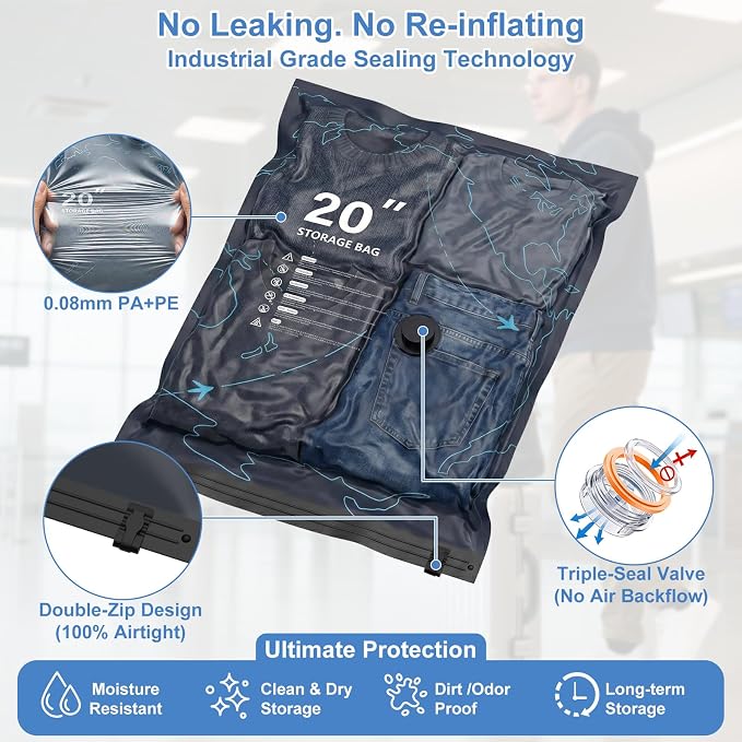 12 Pack Vacuum Bags for Travel with Pump for Clothing and Luggage | Rechargeable USB-C Pump, 3 Sizes, Space Saver Compression Bags for Suitcase, Carry-on, Flight and Closet Storage