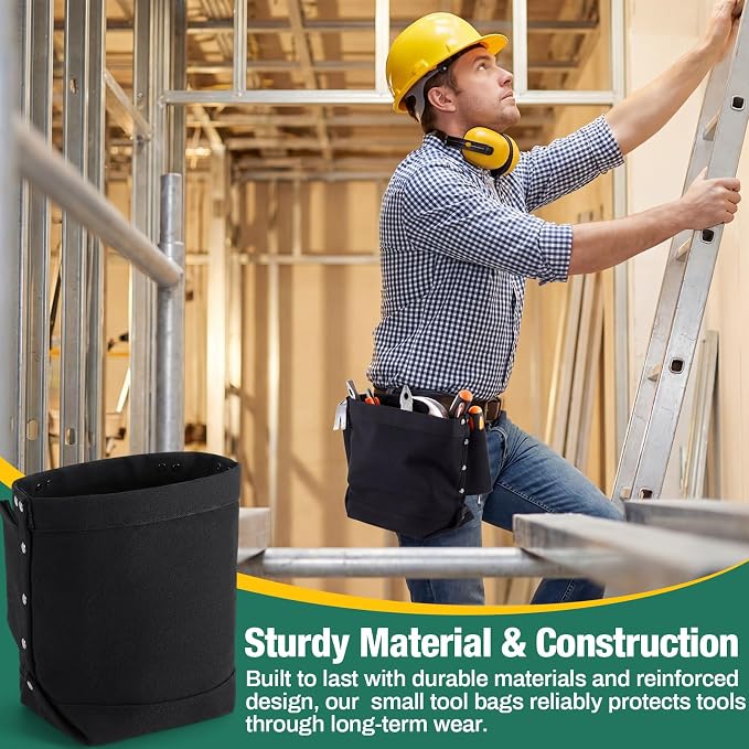2 Pcs Tool Pouches 5" x 10" x 9", Small Tool Bags Tunnel Connection Utility Pouches for Nuts & Bolts, Double Reinforced Bottom with Belt Strap Connect & Bull Pin Loops for Outdoor Work
