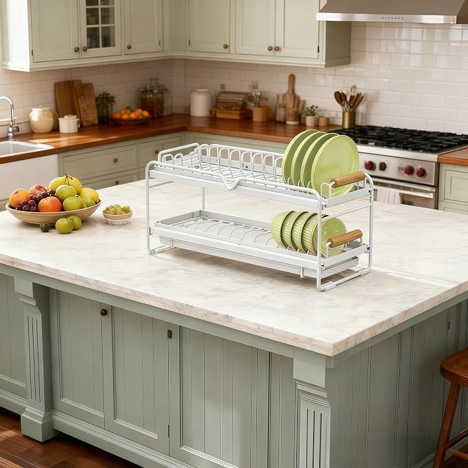 Pull-Out Double/Single Tier Dish Rack for Cupboard, Slide Out Dish Drying Rack for Kitchen Cabinets, Pull Out Drawer for Kitchen Under Sink Organizer (Double Tier Dish Rack)